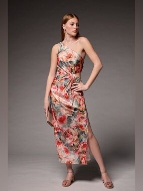 One-Shoulder Floral Maxi Dress in Blush Multi Size 8